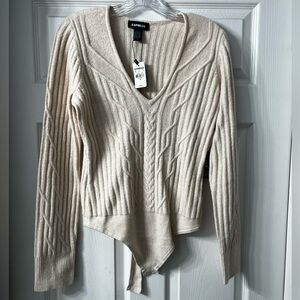 Express Cream deep v-neck cable knit sweater